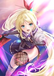 Rule 34 | 1girl, :d, absurdres, black gloves, blonde hair, blue eyes, commentary, feet out of frame, fingerless gloves, gloves, hair ribbon, heaven burns red, highres, holding, holding sword, holding weapon, kanzaki adelheid, leg up, long hair, long sleeves, looking at viewer, mayupika, ninja, open mouth, ponytail, red ribbon, ribbon, signature, smile, solo, sword, very long hair, weapon