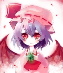 Rule 34 | 1girl, bad id, bad pixiv id, bat wings, blue hair, female focus, gradient background, hat, lowres, red eyes, remilia scarlet, sakura shiori, shiori (pixiv), short hair, solo, touhou, upper body, white background, wings