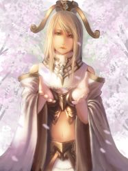 Rule 34 | 1girl, armor, bad id, bad pixiv id, bare shoulders, blonde hair, blue eyes, cherry blossoms, crown, detached sleeves, diao chan, head tilt, lips, long hair, matsura ichirou, navel, outstretched arms, petals, romance of the three kingdoms, sangokushi taisen, solo, tree