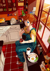 1girl blue_eyes bread cat cat_loaf coffee coffee_mug cup cupboard eating egg_(food) food fork from_above holding holding_jar indoors jar kitchen kuduq looking_at_viewer mug orange_hair original overalls plant potted_plant red_theme scenery shirt shoes short_ponytail sitting sneakers solo spoon t-shirt tile_floor tile_wall tiles toaster window window_shadow yellow_shirt