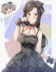 Rule 34 | 2girls, bare shoulders, black bow, black dress, black hair, black nails, blush, bow, breasts, chibi, cleavage, closed mouth, collarbone, dress, drill hair, green eyes, hair bow, hand up, highres, idolmaster, idolmaster cinderella girls, kanzaki ranko, large breasts, long hair, looking at viewer, mukai takumi, multiple girls, nail polish, open mouth, parted bangs, red eyes, shangzi, silver hair, smile, solo focus, sparkle, speech bubble, sweatdrop, twin drills, wrist cuffs