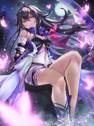 Rule 34 | 1girl, ahoge, bare legs, bare shoulders, black hair, breasts, bug, butterfly, closed mouth, commentary request, detached sleeves, full moon, highres, holding, holding scythe, holding weapon, honkai: star rail, honkai (series), insect, long hair, looking at viewer, moon, navel, omoti (1201208), purple scarf, scarf, scythe, seele (honkai: star rail), short shorts, shorts, small breasts, solo, weapon, yellow eyes
