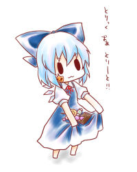 Rule 34 | 1girl, :3, bad id, bad pixiv id, blue hair, bow, candy, cirno, food, hair bow, halloween, kuromame (8gou), skirt basket, solo, embodiment of scarlet devil, touhou, translated, trick or treat, white background, wings