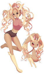 Rule 34 | 1girl, animal ears, arms up, black sclera, blonde hair, boots, breasts, colored sclera, creatures (company), crop top, cutoffs, dark skin, furry, furry female, game freak, gen 4 pokemon, hands in hair, highres, knee boots, long hair, lopunny, midriff, navel, nintendo, p.p (operson nangko), personification, pink eyes, pokemon, pokemon (creature), ponytail, rabbit ears, short shorts, shorts, sleeveless, smile, standing, standing on one leg, very long hair