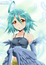 Rule 34 | 1girl, ahoge, bare shoulders, black tank top, blue feathers, blue hair, blue wings, blush, breasts, clip studio paint (medium), feathered wings, feathers, hair between eyes, harpy, highres, looking at viewer, midriff, monster girl, monster musume no iru nichijou, open mouth, papi (monster musume), short hair, shorts, small breasts, solo, tank top, twitter username, uno ryoku, winged arms, wings, yellow eyes