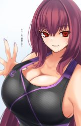 Rule 34 | 1girl, bare shoulders, black one-piece swimsuit, blush, breasts, cleavage, collarbone, competition swimsuit, fate/grand order, fate (series), gachou, hair between eyes, highres, huge breasts, large breasts, long hair, looking at viewer, one-piece swimsuit, purple hair, red eyes, scathach (fate), smile, solo, swimsuit