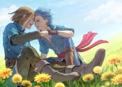 Rule 34 | 2boys, :d, bad id, bad pixiv id, blue eyes, blue hair, blue pants, blue shirt, boots, brown pants, camus (dq11), collarbone, commentary request, day, dragon quest, dragon quest xi, earrings, closed eyes, face-to-face, field, flower, flower field, forehead-to-forehead, gloves, grin, heads together, hero (dq11), jewelry, knee boots, looking at another, male focus, mondi hl, multiple boys, open mouth, outdoors, pants, shirt, sitting, sky, smile, spiked hair, yellow flower