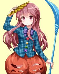 Rule 34 | 1girl, arm up, blue shirt, blush, bow, bowtie, breasts, circle, commentary request, cowboy shot, face cutout, folding fan, hair between eyes, hand fan, hata no kokoro, highres, holding, holding fan, holding polearm, holding spear, holding weapon, long hair, long sleeves, looking at viewer, naginata, orange skirt, pink eyes, pink hair, plaid, plaid shirt, polearm, purple bow, purple bowtie, ruu (tksymkw), shirt, sidelocks, simple background, skirt, small breasts, solo, spear, standing, star (symbol), thighs, touhou, triangle, unmoving pattern, weapon, wing collar, x, yellow background