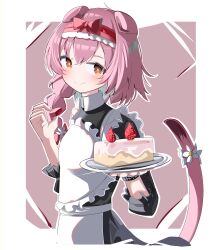Rule 34 | 1girl, absurdres, alternate costume, animal ears, apron, arknights, black dress, bow, braid, cake, cake slice, cat ears, cat girl, cat tail, closed mouth, collared dress, dress, enmaided, flower, food, frilled apron, frills, fruit, goldenglow (arknights), hair bow, hair flower, hair ornament, hairband, hands up, highres, holding, holding plate, long hair, long sleeves, maid, maid apron, orange eyes, pink hair, plate, puffy long sleeves, puffy sleeves, red bow, red hairband, single braid, smile, solo, spam (spamham4506), strawberry, tail, tail flower, tail ornament, white apron, white flower