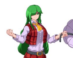 Rule 34 | 1girl, ascot, asymmetrical bangs, belt, black belt, blunt bangs, breasts, bright pupils, closed mouth, collared shirt, frilled neckwear, green eyes, green hair, hair over one eye, hands up, holding, holding umbrella, kazami yuuka, kazami yuuka (pc-98), large breasts, long hair, long sleeves, looking to the side, nukekip, open clothes, open hand, open vest, outline, pants, parasol, parted bangs, pixel art, plaid, plaid pants, plaid vest, red pants, red vest, shirt, smile, solo, swept bangs, touhou, touhou (pc-98), transparent background, umbrella, upper body, very long hair, vest, white background, white pupils, white shirt, yellow ascot