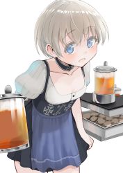 Rule 34 | 10s, 1girl, :d, alcohol, beer, black dress, blue eyes, buttons, choker, collarbone, cross, dress, german clothes, iron cross, kantai collection, masukuza j, open mouth, puffy short sleeves, puffy sleeves, short hair, short sleeves, silver hair, simple background, smile, solo, white background, z1 leberecht maass (kancolle)