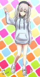 Rule 34 | alternate costume, beret, black hat, blue eyes, blush, full body, grey eyes, h2 (h20000000), hair ornament, hand up, hat, highres, hood, hoodie, kantai collection, kashima (kancolle), long sleeves, looking at viewer, open mouth, salute, shoes, sidelocks, silver hair, socks, solo, twintails, wavy hair, white footwear, white socks