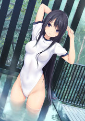 Rule 34 | 1girl, arms behind head, arms up, balcony, bath, bathing, black hair, blush, breasts, closed mouth, coffee-kizoku, commentary request, cowboy shot, groin, highleg, highleg leotard, highres, leaf, leotard, long hair, looking at viewer, medium breasts, original, outdoors, purple eyes, shiramine rika, short sleeves, solo, standing, stretching, tree, very long hair, wading, water, wet