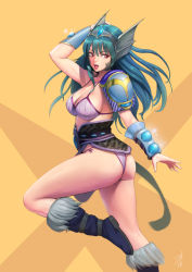 Rule 34 | 1girl, :d, aqua hair, arm guards, arm up, armor, ass, bikini, black footwear, black hairband, boots, breasts, cleavage, covered erect nipples, fur-trimmed boots, fur trim, glowing, hairband, holster, knee boots, large breasts, leg up, lips, long hair, looking away, looking back, mezzo (orbanga21), open mouth, original, pauldrons, pink bikini, red eyes, shiny skin, shoulder armor, shoulder holster, side-tie bikini bottom, signature, smile, solo, standing, standing on one leg, swimsuit, thighs, tsurime, twisted torso, two-tone background