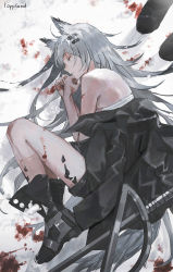 Rule 34 | 1girl, 1other, animal ears, arknights, bad id, bad pixiv id, black footwear, black jacket, black shorts, blood, blood on ground, blood on leg, blood on snow, boots, character name, closed eyes, commentary, fetal position, full body, grey hair, hair ornament, hair spread out, hairclip, highres, jacket, lappland (arknights), lococo:p, long hair, lying, material growth, messy hair, off shoulder, on ground, on side, oripathy lesion (arknights), outdoors, profile, revision, sarashi, scar, scar across eye, scar on face, shorts, snow, solo focus, symbol-only commentary, tail, very long hair, wolf ears, wolf tail