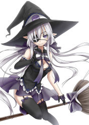 Rule 34 | bare shoulders, black gloves, black thighhighs, bow, breasts, broom, cleavage, cross, eyepatch, garter straps, gloves, hat, highres, long hair, mikitsui, original, pointy ears, purple eyes, silver hair, simple background, smile, solo, thighhighs, twintails, very long hair, white background, witch hat