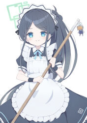 Rule 34 | &lt;key&gt; (blue archive), &lt;key&gt; (robot) (blue archive), 1girl, apron, aqua halo, aris (blue archive), aris (maid) (blue archive), black dress, black hair, blue archive, blue eyes, blue ribbon, blush, broom, closed mouth, collared shirt, cowboy shot, dress, frilled apron, frills, green halo, halo, high ponytail, highres, holding, holding broom, layered clothes, long hair, looking at viewer, neck ribbon, parted bangs, puffy short sleeves, puffy sleeves, raised eyebrows, rectangular halo, ribbon, shirt, short sleeves, sidelocks, simple background, smile, solo, tyomimas, variant set, white apron, white background, white shirt, wrist cuffs