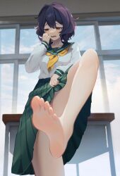 Rule 34 | 1girl, averting eyes, bare legs, barefoot, breasts, clothes lift, daxieshen huashi, desk, fang, feet, foot focus, green sailor collar, green skirt, hair between eyes, hand on own cheek, hand on own face, highres, hiiragi utena, indoors, leg up, lifting own clothes, looking down, mahou shoujo ni akogarete, panties, pantyshot, pleated skirt, presenting foot, purple hair, sailor collar, school desk, school uniform, shirt, short hair, shy, skirt, skirt lift, small breasts, soles, solo, toes, underwear, wavy mouth, white shirt, yellow eyes