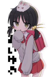 Rule 34 | 1girl, :o, alternate costume, animal, animal on head, ascot, backpack, bag, bag charm, black hair, blush, cardigan, character name, charm (object), collared shirt, cowboy shot, drop shadow, grey cardigan, hair bobbles, hair ornament, highres, kaai yuki, kanikan, long sleeves, looking at viewer, low twintails, on head, pixelated, plaid ascot, pleated skirt, rabbit, rabbit on head, randoseru, red ascot, red bag, red skirt, shirt, simple background, skirt, sleeves past wrists, solo, twintails, voiceroid, white background, yellow eyes