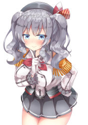 Rule 34 | 10s, 1girl, absurdres, blue eyes, breasts, female focus, gloves, go-1, hand on own hip, hat, highres, kantai collection, kashima (kancolle), large breasts, long hair, military, military uniform, miniskirt, silver hair, skirt, smile, solo, twintails, uniform, wavy hair