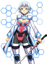 Rule 34 | 1girl, black pantyhose, blue eyes, blue hair, bodysuit, breasts, cleavage cutout, clothing cutout, highres, large breasts, left-handed, leotard, matching hair/eyes, pantyhose, phantasy star, phantasy star portable 2, phantasy star portable 2 infinity, red leotard, short hair, skindentation, smile, solo, sword, syunzou, weapon