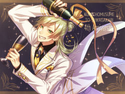 Rule 34 | 1boy, alcohol, anniversary, black background, blonde hair, bottle, clenched teeth, copyright name, cup, drinking glass, formal, green eyes, half updo, kumichou musume to sewagakari, lip ring, long hair, long sleeves, looking at viewer, male focus, necktie, pants, pocket square, rarara rasya, simple background, solo, sugihara kei, suit, teeth, white pants, white suit, wine glass, yellow necktie