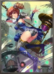 Rule 34 | 1girl, arms up, ass, bat (animal), blue footwear, boots, breasts, brown hair, dress, drill hair, electricity, eyebrows, framed, from behind, full body, hammer, high heel boots, high heels, highres, holding, holding weapon, jewelry, kisina, large breasts, looking at viewer, necklace, orange eyes, original, red eyes, short hair, shoulder pads, sideboob, smile, solo, star (symbol), thighhighs, twin drills, weapon, wrench