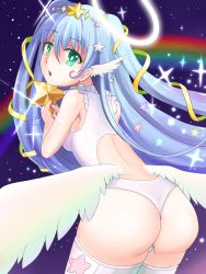 Rule 34 | 1girl, angel, ass, back, backboob, backless outfit, bare shoulders, blue hair, breasts, ear wings, from behind, gradient background, green eyes, hair ribbon, leotard, lidde (niji hamo), long hair, looking at viewer, looking back, open mouth, ribbon, shiny skin, sky, solo, star (sky), star (symbol), starry sky, thighhighs, very long hair, white thighhighs, wings