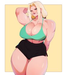 Rule 34 | 1girl, absurdres, bare shoulders, blonde hair, breasts, cleavage, drakkaiart, female focus, gluteal fold, highres, huge breasts, lips, long hair, looking at viewer, naruto (series), solo, thick thighs, thigh gap, thighs, tsunade (naruto)