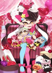 Rule 34 | + +, agent 3 (splatoon), alternate headwear, asymmetrical legwear, balloon, black hair, blue pantyhose, bow, callie (splatoon), character doll, commentary, couch, cousins, doll, dress, english commentary, fangs, flats, flower, gift, gloves, gradient hair, hair bow, hair ornament, hand on own face, heart balloon, holding, holding doll, inkling, judd (splatoon), looking at viewer, marie (splatoon), mask, mismatched legwear, multicolored hair, nintendo, nomu (29 nom), on couch, open mouth, pantyhose, pink bow, pink flower, pink footwear, pink gloves, pink hair, pink pantyhose, pink rose, pointy ears, purple dress, red flower, red rose, rose, short dress, sitting, smile, squidbeak splatoon, star (symbol), star hair ornament, teapot, tentacle hair, two-tone pantyhose, white flower, white rose, zapfish