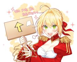 Rule 34 | 1girl, ahoge, arrow (symbol), blonde hair, blush, bon (bony 53), braid, breasts, cleavage, commentary request, dress, epaulettes, fate/extra, fate (series), green eyes, hair intakes, hair ribbon, holding, holding sign, juliet sleeves, korean commentary, large breasts, long sleeves, looking at viewer, medium breasts, nero claudius (fate), nero claudius (fate) (all), nero claudius (fate/extra), open mouth, puffy sleeves, red dress, red ribbon, ribbon, short hair, sign, smile, solo, teeth, translation request, upper teeth only
