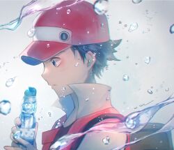 Rule 34 | 1boy, backpack, bag, black hair, bottle, brown bag, commentary, creatures (company), from side, game freak, grey eyes, hat, highres, holding, holding bottle, jacket, looking down, male focus, nintendo, pokemon, pokemon rgby, popped collar, red (pokemon), red hat, shirt, shiruko (s1ruko), short hair, solo, water bottle, water drop, white background