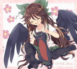 Rule 34 | 1girl, :&lt;, bad id, bad pixiv id, bird wings, black thighhighs, black wings, blush, bow, brown hair, cape, cat, character name, chitose hachi, closed eyes, collared shirt, commentary request, floral background, frilled shirt collar, frilled skirt, frills, full body, green bow, green skirt, hair bow, kaenbyou rin, kaenbyou rin (cat), long hair, nekomata, no shoes, open mouth, puffy short sleeves, puffy sleeves, reiuji utsuho, shirt, short sleeves, skirt, smile, soles, thighhighs, touhou, white cape, white shirt, wings