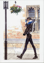 Rule 34 | 1girl, alternate costume, animal ears, ankle boots, backpack, bag, baguette, black pantyhose, blue hair, boots, bread, brown footwear, casual, cat, cat ears, cat tail, fashion, felicia (vampire), flower, food, from side, hat, highres, ikeno daigo, jacket, lamppost, legs, marker (medium), ouma bunshichirou, pantyhose, scan, shopping bag, solo, tail, traditional media, vampire (game), walking, wall, window
