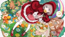 1girl ? apple basket blue_eyes bug butterfly covered_mouth flower flower_basket food fruit full_body grey_hair holding holding_basket holding_flower hood hood_up house idolmaster idolmaster_shiny_colors insect mushroom official_alternate_costume official_art pantyhose rabbit rainbow red_hood red_shorts serizawa_asahi shorts solo spoken_question_mark squirrel tree_stump white_pantyhose wolf