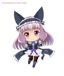 Rule 34 | 1girl, animal ears, boots, bow, butter-t, cat ears, cat tail, chibi, dress, fake animal ears, frills, gothic lolita, grey hair, headdress, lolita fashion, original, paw pose, red eyes, ribbon, smile, solo, striped clothes, striped thighhighs, tail, tail ornament, tail ribbon, thighhighs, vertical-striped clothes, vertical-striped thighhighs