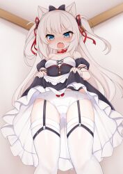 Rule 34 | 1girl, absurdres, animal ears, azur lane, bare shoulders, black bow, black dress, blue eyes, blush, bow, bow choker, bow panties, breasts, cat ears, cat hair ornament, choker, clothes lift, collarbone, commentary, detached sleeves, dress, dress lift, fake animal ears, fang, feet out of frame, frilled dress, frills, from below, garter belt, gluteal fold, hair bow, hair ornament, hair ribbon, hammann (azur lane), highres, kinomiki nobori, lifting own clothes, long hair, open mouth, panties, red bow, red choker, red ribbon, ribbon, short sleeves, skin fang, small breasts, strapless, strapless dress, sweat, thighhighs, two side up, underwear, white hair, white panties, white thighhighs