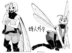 Rule 34 | 1girl, absurdres, antennae, arthropod girl, bee girl, black eyes, extra arms, female focus, own hands clasped, highres, insect girl, insect wings, karasumi (kazenarikarasu), monochrome, monster girl, no pupils, open mouth, original, own hands together, short hair, shorts, smile, solo, twitter username, venus symbol, wings