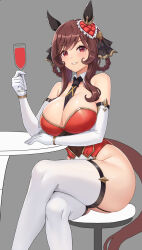Rule 34 | 1girl, animal ears, arm support, ass, bare shoulders, between breasts, black necktie, braid, breasts, brown hair, chair, commentary, covered navel, crossed legs, cup, detached collar, dot nose, elbow gloves, english commentary, gentildonna (umamusume), gloves, grey background, grin, hair ornament, highleg, highleg leotard, highres, holding, horse ears, horse girl, horse tail, large breasts, leotard, long hair, looking at viewer, necktie, necktie between breasts, red eyes, shiny skin, sitting, smile, solo, table, tail, thighhighs, thighs, umamusume, unfinished, v-shaped eyebrows, vococo, white gloves, white thighhighs