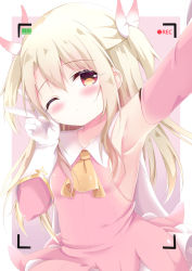 Rule 34 | 1girl, armpits, ascot, blush, bow, breasts, brown ascot, closed mouth, commentary request, detached sleeves, dress, fate/kaleid liner prisma illya, fate (series), feather hair ornament, feathers, gloves, hair between eyes, hair ornament, hand up, highres, illyasviel von einzbern, light brown hair, long hair, long sleeves, one eye closed, outstretched arm, pink bow, pink dress, pink sleeves, reaching, reaching towards viewer, recording, red eyes, renew vivi, sideboob, small breasts, solo, two-tone background, two side up, v, very long hair, white background, white feathers, white gloves