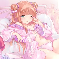 Rule 34 | 1girl, babydoll, blush, breasts, cellphone, double bun, e (ejkfogksiu sjsial), female focus, frills, green eyes, hair bun, holding, holding phone, kimagure temptation, long hair, lying, on back, on bed, one eye closed, open mouth, orange hair, panties, phone, pink panties, rosy (kimagure temptation), small breasts, smartphone, solo, underwear, underwear only