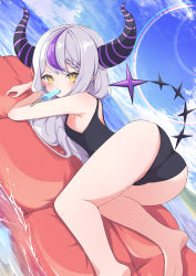 Rule 34 | 1girl, blush, braid, demon girl, demon horns, food, fumi (fumibeing), hair between eyes, highres, hololive, holox, horns, la+ darknesss, long hair, looking at viewer, multicolored hair, one-piece swimsuit, pointy ears, popsicle, purple hair, solo, streaked hair, striped horns, swimsuit, tail, thighs, virtual youtuber, yellow eyes
