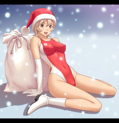 Rule 34 | 1girl, arena (company), arm support, blonde hair, boots, breasts, christmas, competition swimsuit, covered erect nipples, elbow gloves, gloves, go-go boots, grey eyes, happy, hat, highleg, highleg swimsuit, highres, kneeling, kuri (kurigohan), legs, medium breasts, one-piece swimsuit, original, sack, santa hat, shiny clothes, shiny skin, short hair, sitting, skin tight, smile, snow, solo, swimsuit, wariza, white gloves