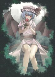 Rule 34 | 1girl, ascot, bat wings, dress, flower, hat, hat ribbon, highres, holding, holding flower, mob cap, pink dress, purple hair, red ascot, remilia scarlet, ribbon, short hair, sitting, solo, tofuandsoup, touhou, wings