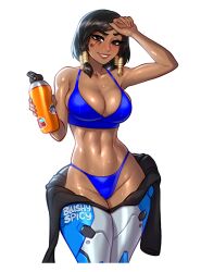 Rule 34 | 1girl, abs, arm up, artist name, bare arms, bare shoulders, bikini, bikini under clothes, black hair, blue bikini, blushyspicy, bodysuit, bottle, breasts, brown eyes, brown lips, cleavage, clothes around waist, collarbone, cowboy shot, dark-skinned female, dark skin, eye of horus, facial tattoo, hair tubes, holding, holding bottle, large breasts, looking at viewer, medium hair, navel, open bodysuit, open clothes, overwatch, pharah (overwatch), shiny skin, short hair, smile, solo, sweat, swimsuit, tattoo, thick eyebrows, toned, transparent background, water bottle, wide hips