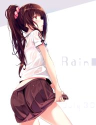Rule 34 | 1girl, ass, black skirt, blouse, blunt bangs, blush, bra, bra visible through clothes, brown hair, from behind, grey background, hair ornament, hair scrunchie, haruka natsuki, long hair, open mouth, original, parted lips, pink bra, pleated skirt, ponytail, scrunchie, see-through, shirt, short sleeves, sidelocks, skirt, solo, two-tone background, underwear, white background, white shirt, wringing clothes, wringing skirt, yellow eyes