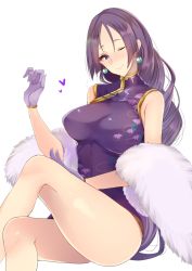 Rule 34 | 1girl, ashino, blush, breasts, china dress, chinese clothes, closed mouth, commentary request, crossed legs, curly hair, dress, earrings, fate/grand order, fate (series), feather boa, gloves, gold trim, hair between eyes, heart, high collar, jewelry, knee up, large breasts, legs, long hair, looking at viewer, low-tied long hair, minamoto no raikou (fate), minamoto no raikou (traveling outfit) (fate), one eye closed, parted bangs, purple dress, purple eyes, purple gloves, purple hair, simple background, sitting, smile, solo, thighs, very long hair, white background