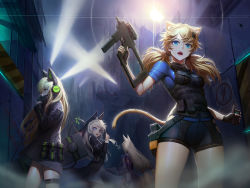 Rule 34 | 4girls, adjusting clothes, animal ear headphones, animal ears, assault rifle, b&amp;t mp9, banajune, black coat, black gloves, black shorts, blonde hair, blue eyes, blue shirt, blush, bow, breasts, brown hair, buckle, bushman ltd., cat ear headphones, cat ears, cat tail, character name, coat, covered mouth, cross, dress, fake animal ears, finger on trigger, fingerless gloves, floating hair, g41 (girls&#039; frontline), girls&#039; frontline, gloves, green eyes, gun, h&amp;k g41, habit, hair between eyes, hair ornament, hairclip, handgun, headphones, heckler &amp; koch, holding, holding gun, holding walkie-talkie, holding weapon, idw (girls&#039; frontline), idw (mod3) (girls&#039; frontline), jacket, leotard, lights, long hair, long sleeves, looking at viewer, low-tied long hair, low twintails, machine gun, machine pistol, medium breasts, mod3 (girls&#039; frontline), multiple girls, night, nun, open mouth, outdoors, p7, p7 (girls&#039; frontline), parker-hale, parker-hale idw, parker-hale pdw, personal defense weapon, pistol, pouch, prototype design, purple eyes, rheinlander instruments corp., ribbon, rifle, ruins, scenery, shirt, shorts, sidelocks, silver hair, small breasts, snap-fit buckle, submachine gun, tactical clothes, tail, tail ornament, tail ribbon, thigh strap, thighhighs, tmp (girls&#039; frontline), twintails, very long hair, vest, walkie-talkie, weapon, weapon case, wind