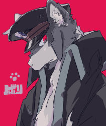 Rule 34 | 1boy, animal ears, black coat, black fur, black hat, body fur, character name, closed mouth, coat, creatures (company), furrification, furry, furry male, game freak, grey fur, hat, highres, ingo (pokemon), japanese text, looking at viewer, male focus, milk (milk319319), nintendo, open clothes, open coat, paw print, peaked cap, pokemon, pokemon bw, red background, red eyes, sidelocks, simple background, sketch, snout, solo, torn clothes, torn coat, translated, two-tone fur, upper body, wolf boy, wolf ears