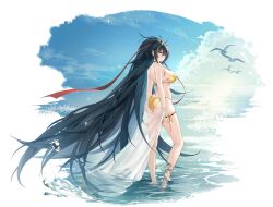 Rule 34 | 1girl, absurdly long hair, animal, animal ears, ankle tattoo, artist request, ass, azur lane, bare shoulders, bikini, bird, black hair, breasts, brown hair, closed mouth, day, dragon, dragon tattoo, earrings, eastern dragon, from side, full body, harbin (azur lane), harbin (union between sea and sky) (azur lane), highleg, highleg bikini, highres, holding, jewelry, large breasts, leg tattoo, long hair, looking at viewer, mole, mole under eye, multicolored hair, ocean, official art, outdoors, partially submerged, ponytail, seagull, see-through, shiny skin, sideboob, simple background, smile, solo, sparkle, standing, swimsuit, tattoo, thighs, two-tone hair, very long hair, wading, water, water drop, wet